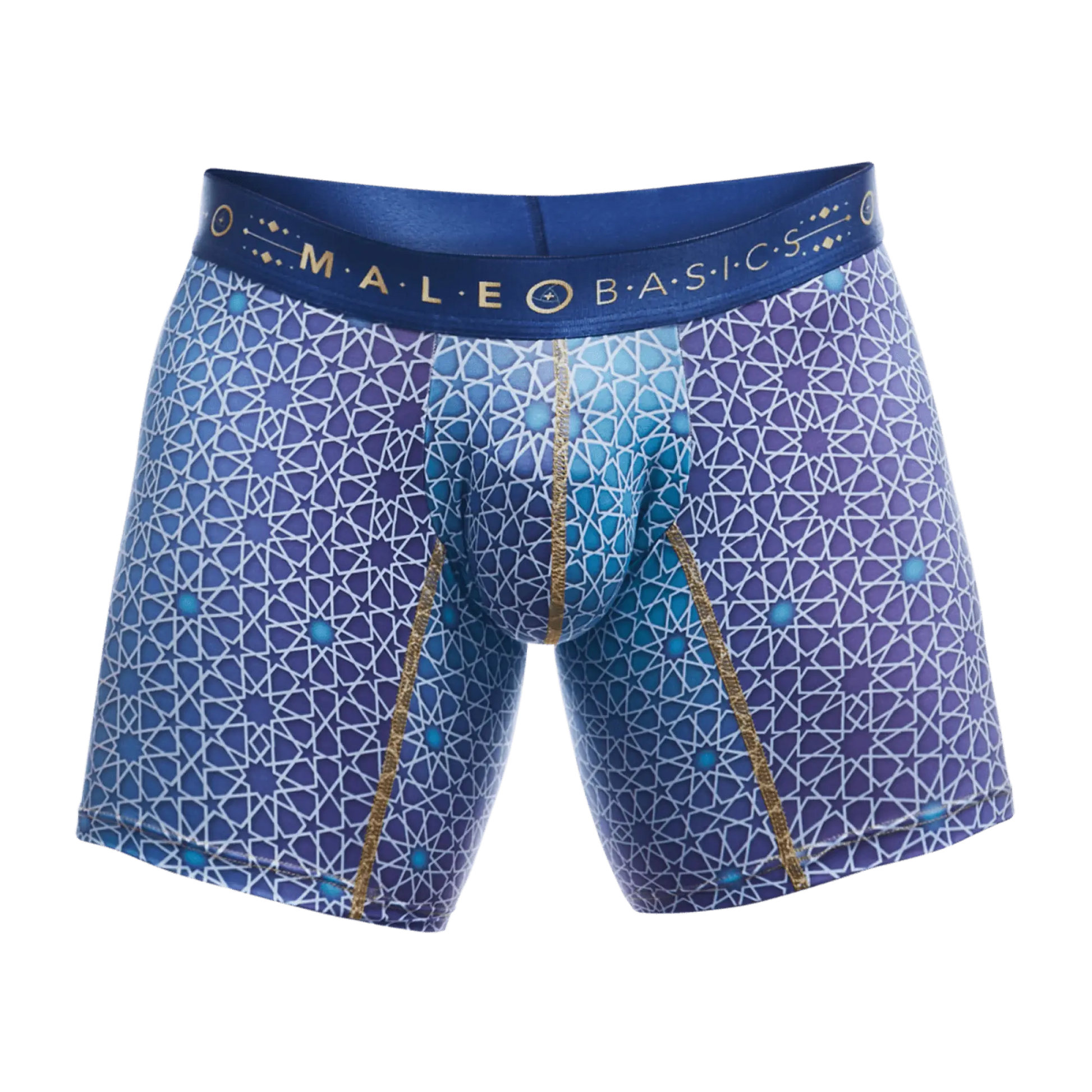 Blue patterned men’s boxer briefs with geometric star design and gold trim branded male basics waistband hipster style