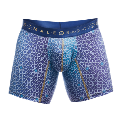 Blue patterned men’s boxer briefs with geometric star design and gold trim branded male basics waistband hipster style