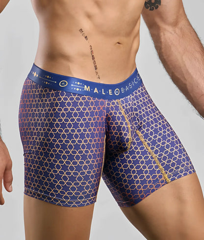 MaleBasics boxer brief hipster men’s underwear in blue with gold and pink geometric pattern and branded waistband