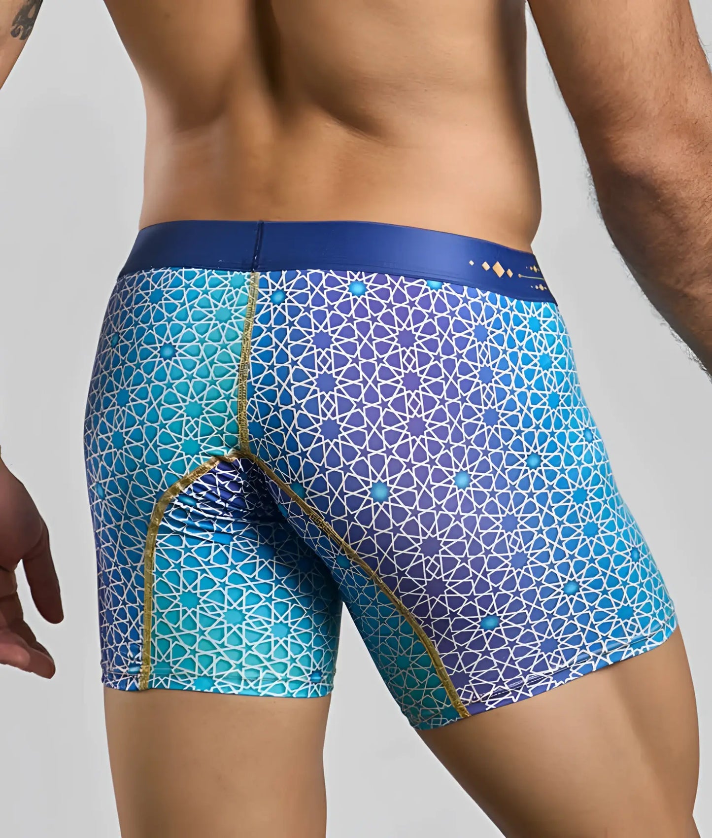 Malebasics boxer brief hipster in blue and turquoise geometric pattern with gold trim for comfortable daily wear