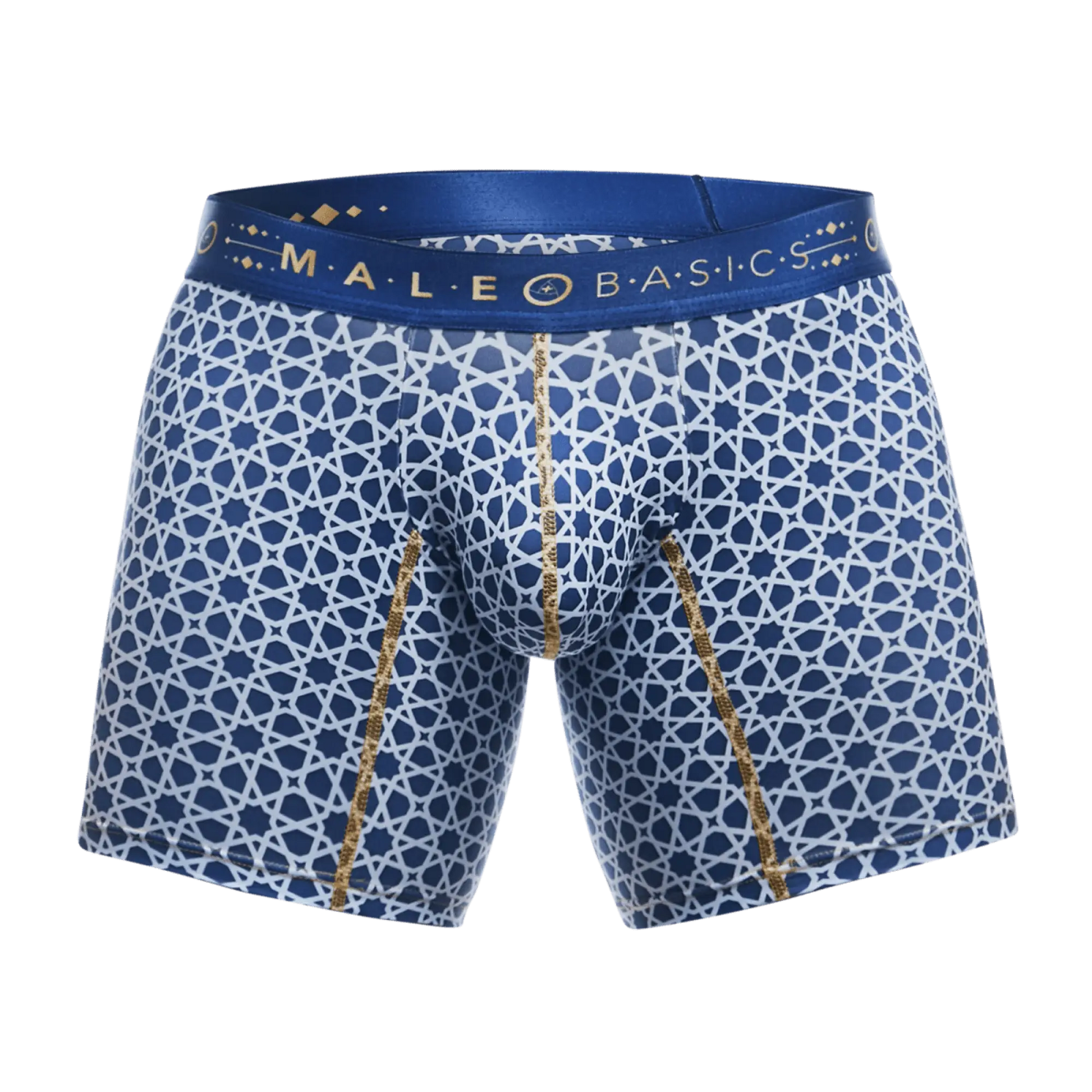 MaleBasics boxer brief hipster in blue and white geometric star pattern with gold trim and branded waistband