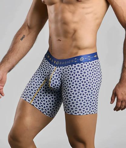 MaleBasics boxer brief hipster in blue and white geometric pattern with gold trim and branded waistband