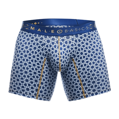 Malebasics boxer brief hipster with blue and white geometric star pattern and gold trim on soft fabric waistband