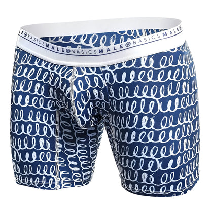 Malebasics boxer brief hipster crete with blue and white swirl patterned basics male boxer briefs in front view