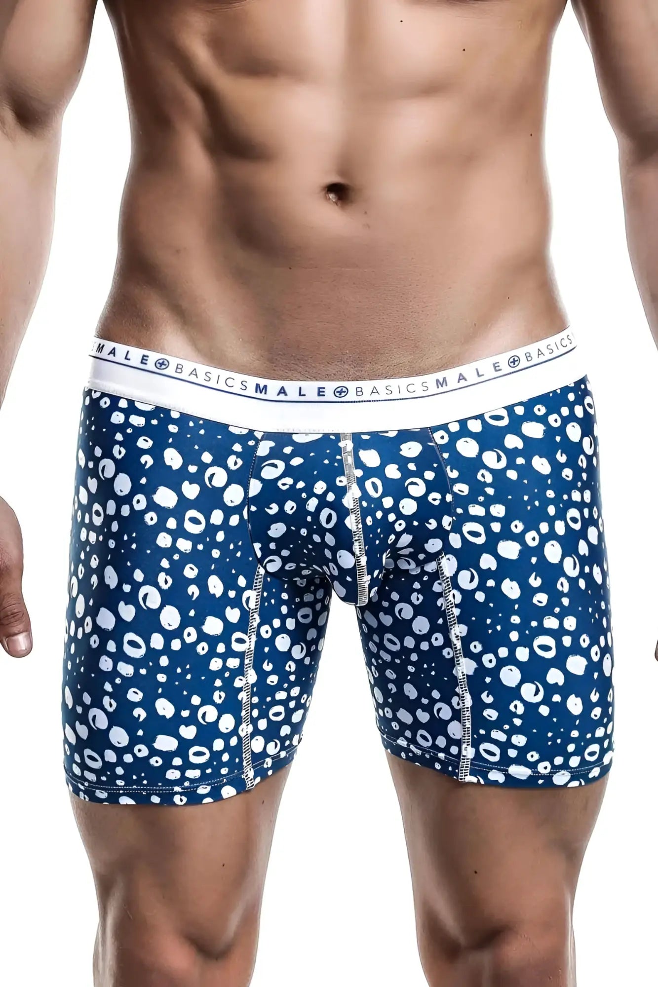 Malebasics boxer brief hipster paros featuring blue and white patterned cotton fabric with branded elastic waistband