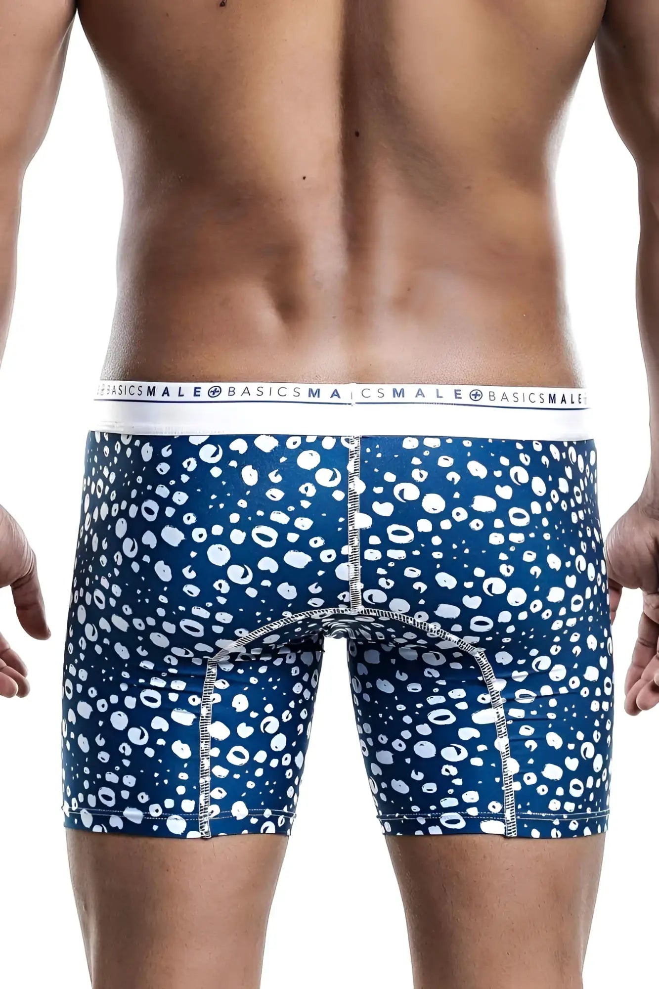 Malebasics boxer brief hipster Paros with blue and white leopard print and branded waistband for comfortable wear