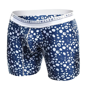 Malebasics boxer brief hipster paros in blue and white leopard print with branded elastic waistband