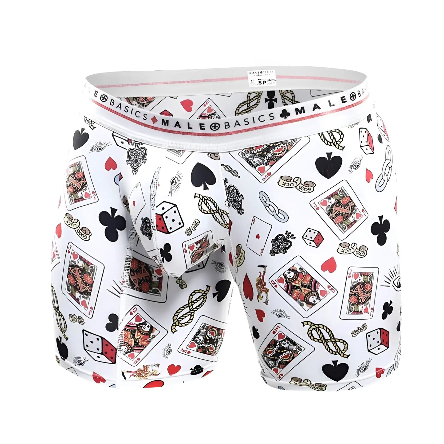 Malebasics boxer brief hipster poker with a playful pattern of playing cards dice and hearts in black red and gold on white