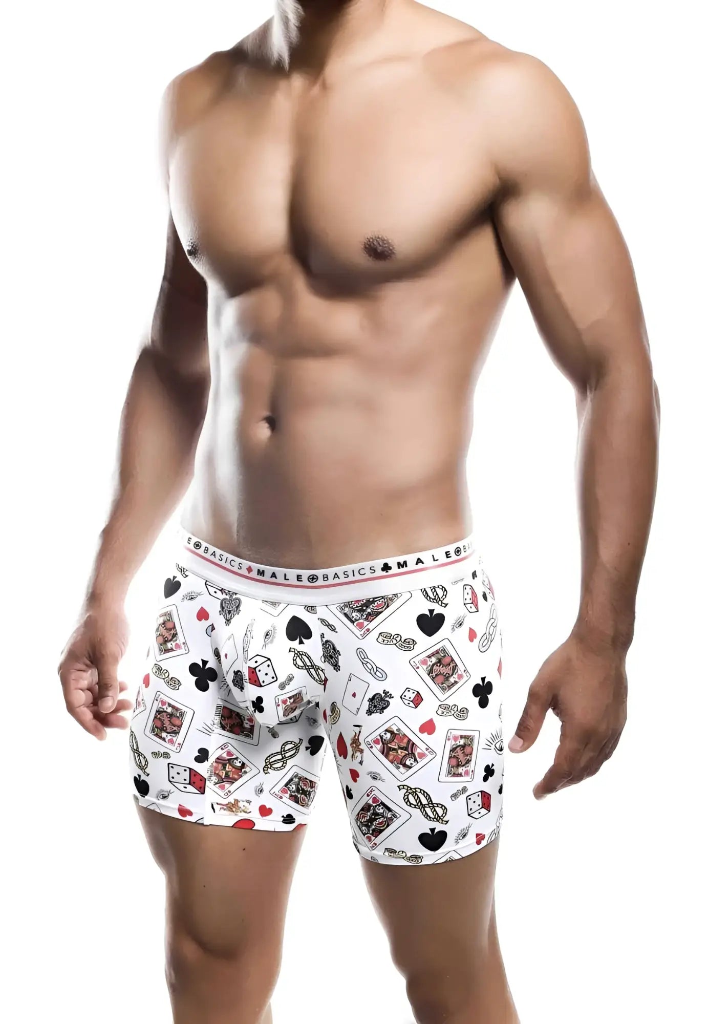 Malebasics boxer brief hipster poker in white featuring a playful black red and gray pattern of cards dice and chips