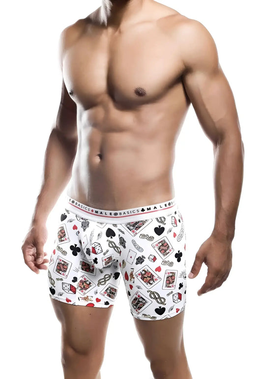 Malebasics boxer brief hipster poker in white featuring a playful black red and gray pattern of cards dice and chips