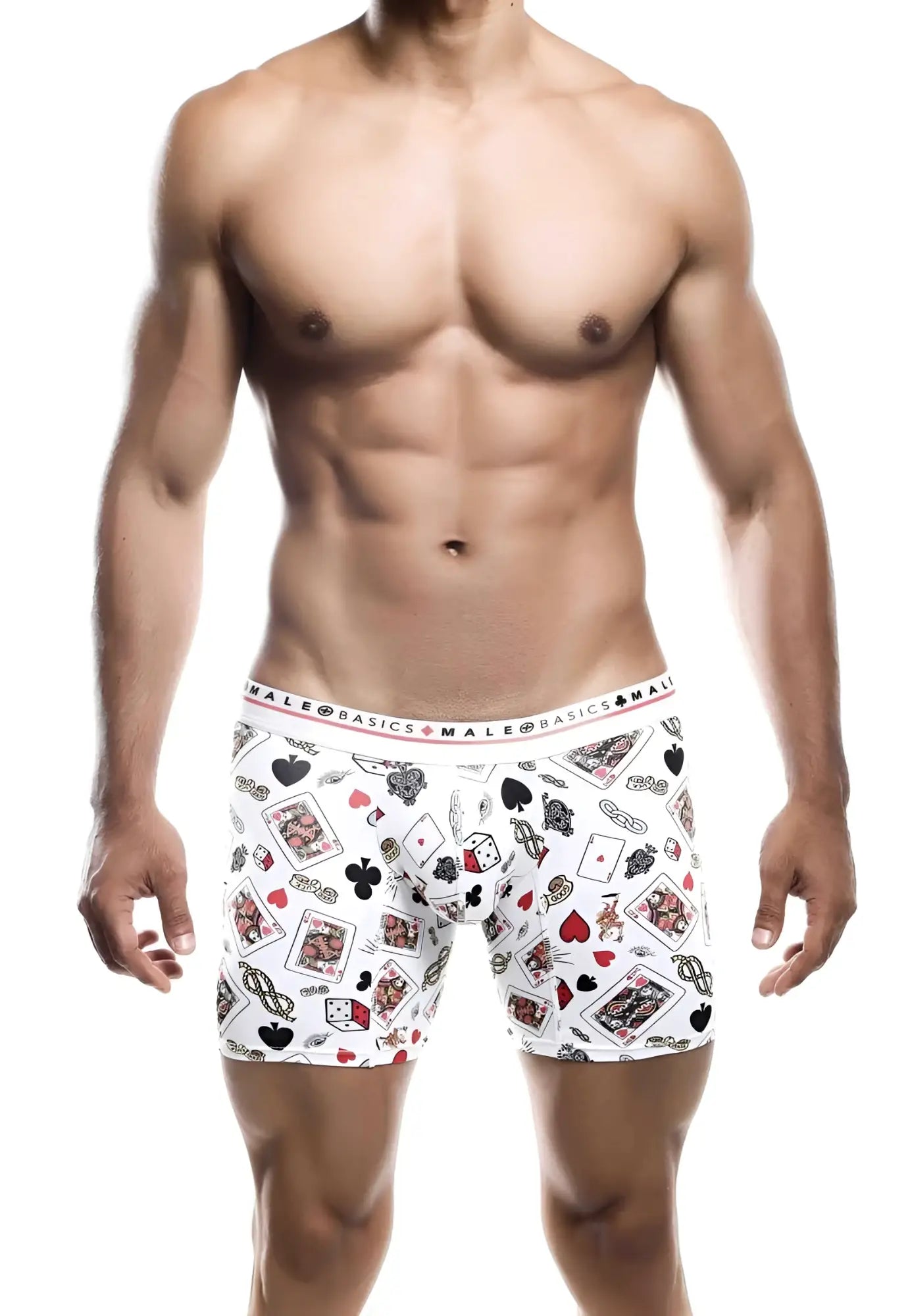 White mens boxer briefs with poker card suit and dice pattern in black red and gray from malebasics boxer brief hipster poker