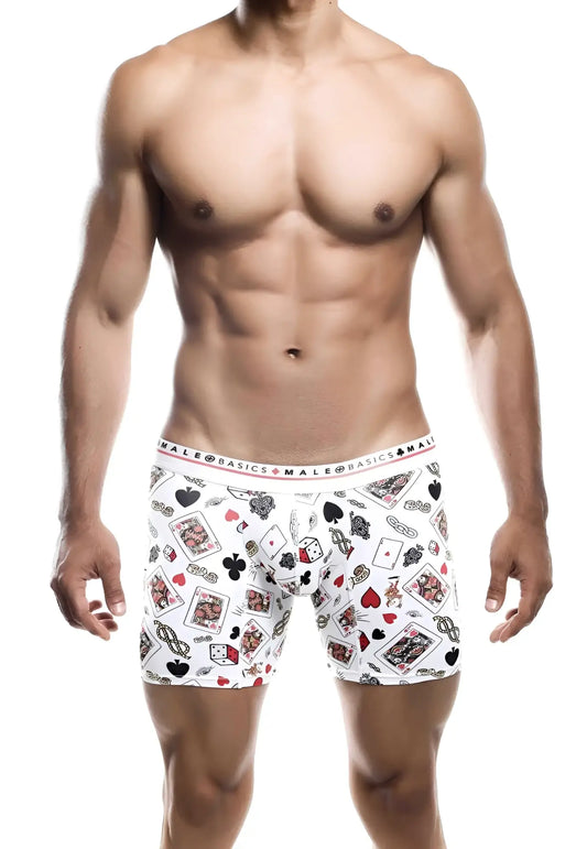 White mens boxer briefs with poker card suit and dice pattern in black red and gray from malebasics boxer brief hipster poker