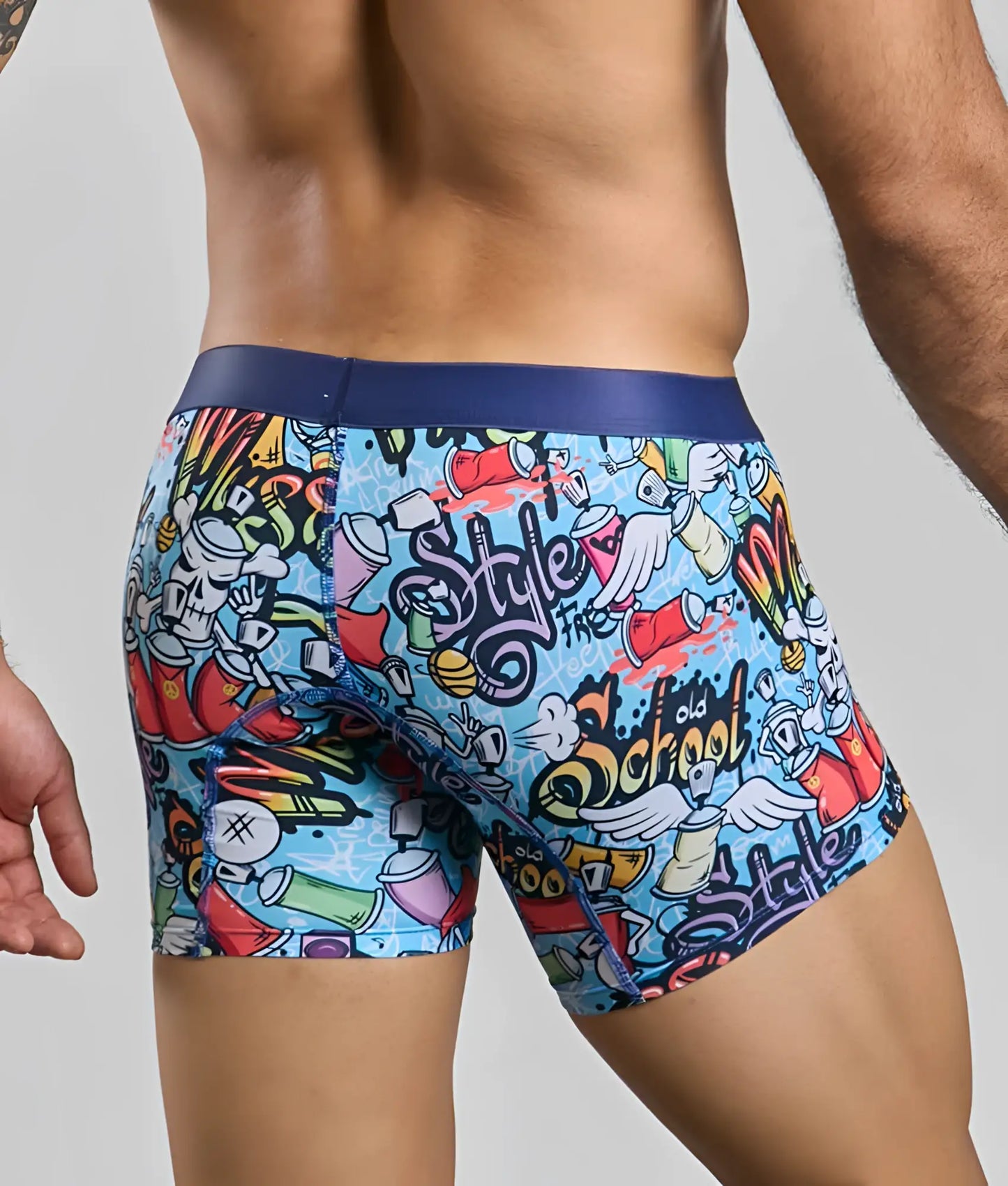 Malebasics boxer brief hipster in vibrant blue with bold graffiti print featuring spray cans wings and stylized text
