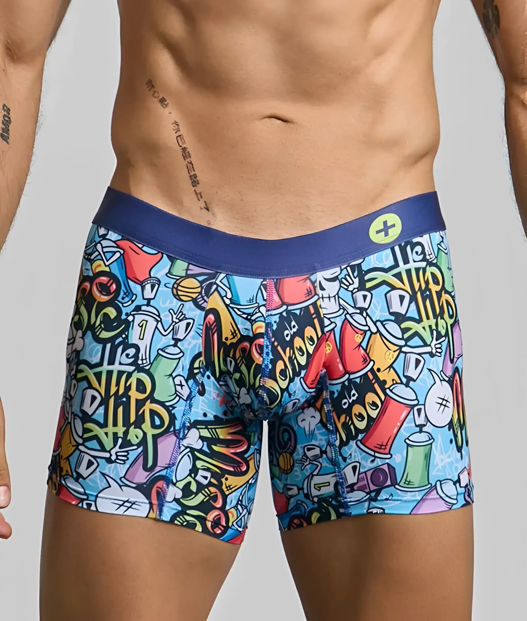 Malebasics boxer brief hipster with vibrant graffiti print colorful spray paint cans skulls hip hop lettering blue waistband