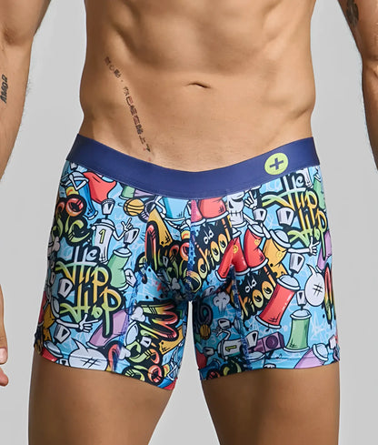 Malebasics boxer brief hipster with vibrant graffiti print colorful spray paint cans skulls hip hop lettering blue waistband