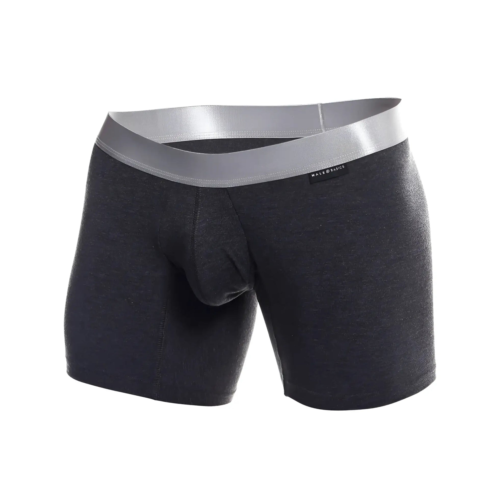 Dark heather gray men’s boxer briefs with silver waistband made basics brand label pima cotton for comfortable wear