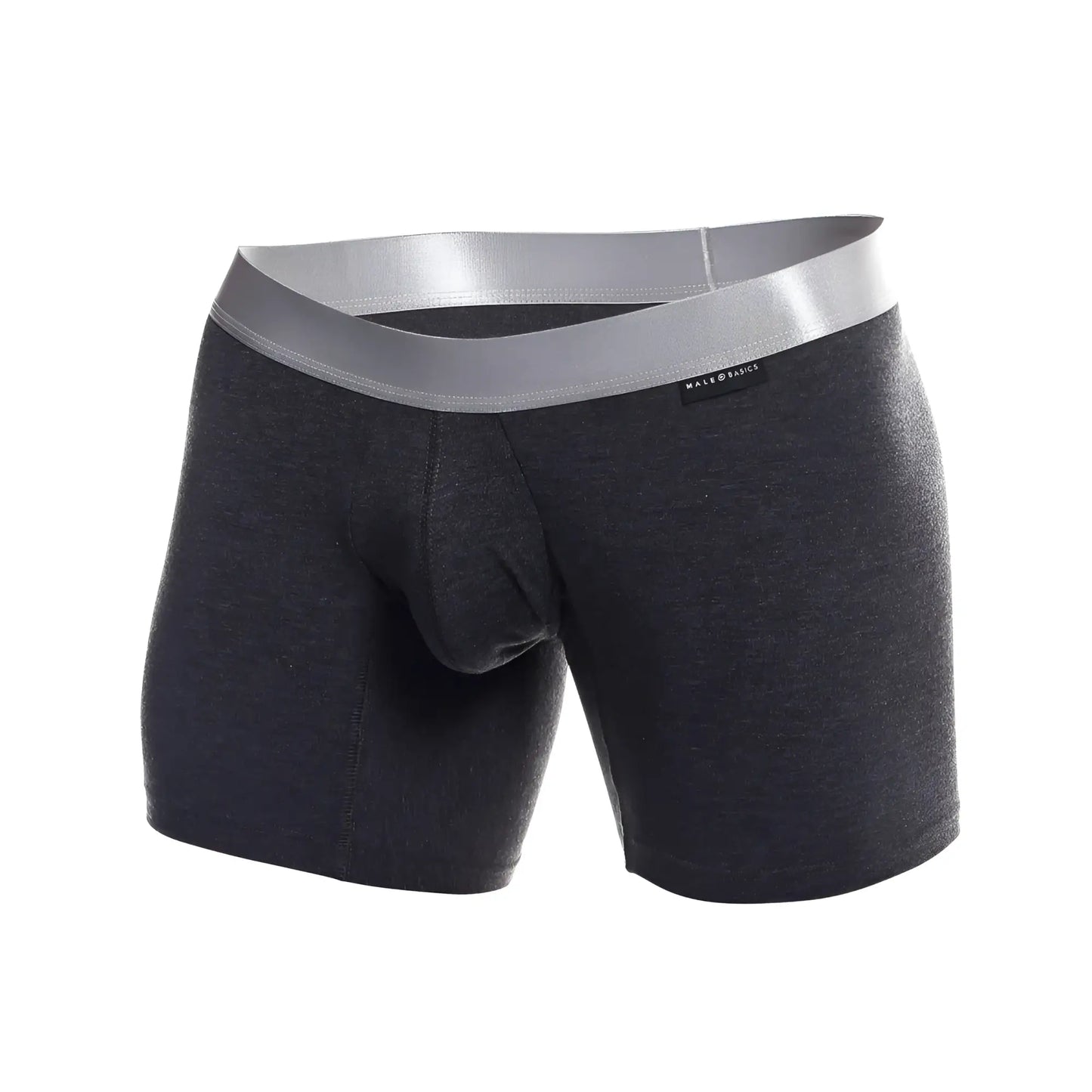 Dark heather gray men’s pima boxer briefs with silver waistband featuring made basics brand label