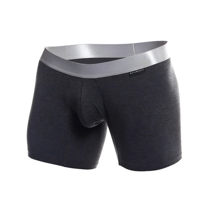 Dark heather gray men’s pima boxer briefs with silver waistband featuring made basics brand label