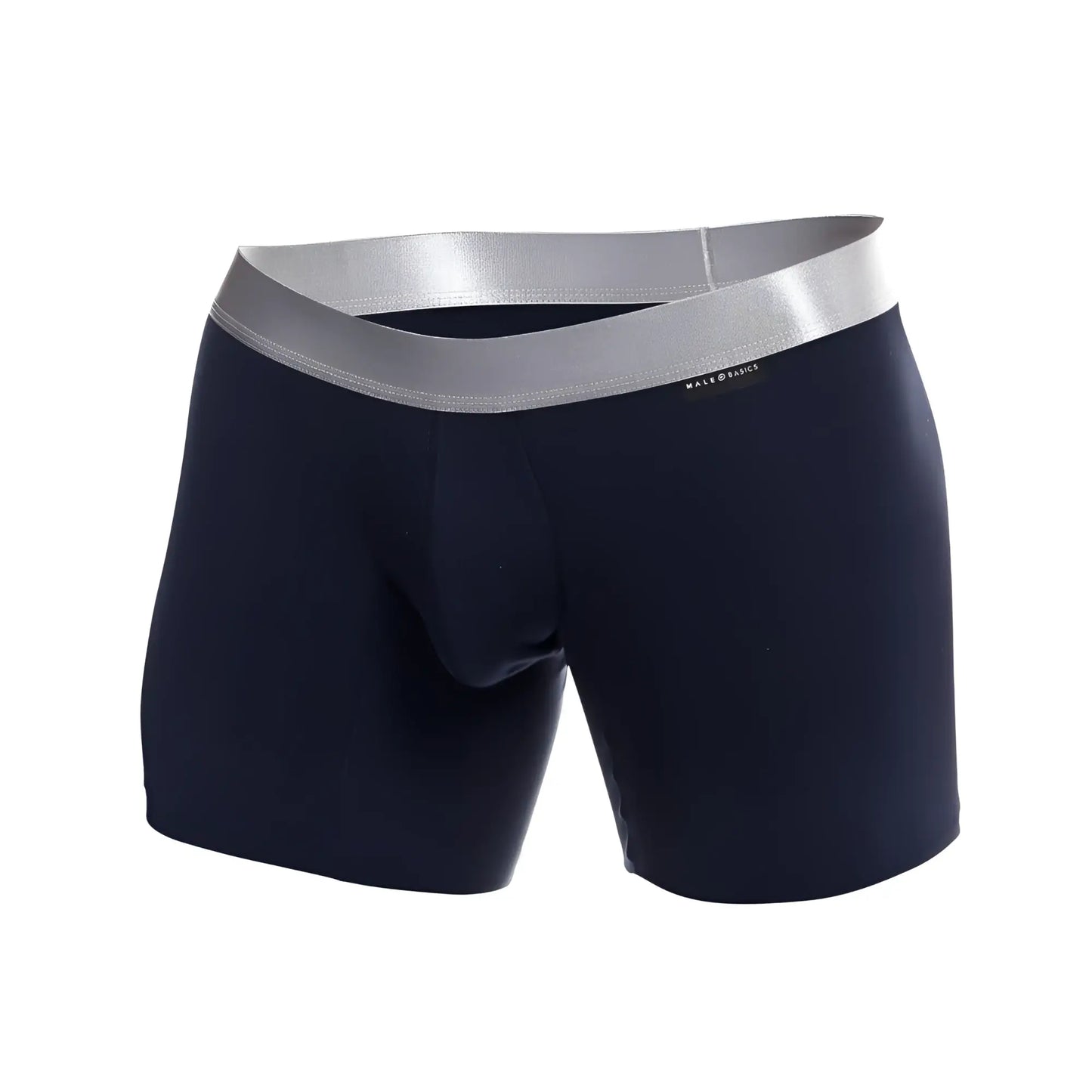 Navy blue maleBasics boxer brief pima with silver elastic waistband featuring mateo basics brand name