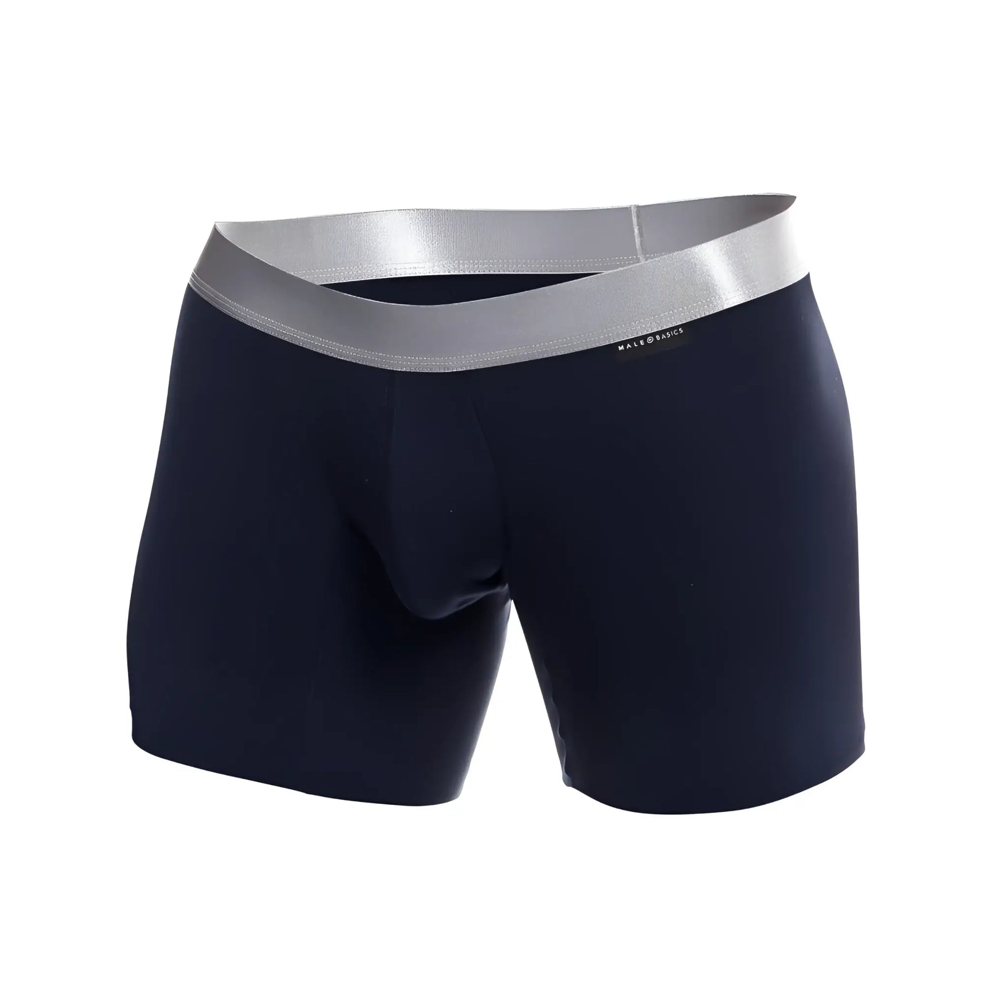 Navy blue male basics boxer brief pima made from soft fabric with silver elastic waistband featuring mateo basics logo