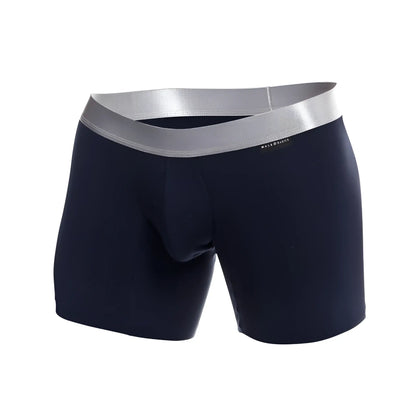 Navy blue male basics boxer brief pima made from soft fabric with silver elastic waistband featuring mateo basics logo