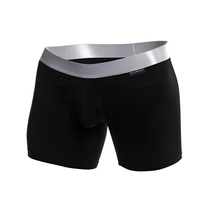Black men’s boxer briefs with shiny silver waistband and made basic label made from pima cotton for comfort