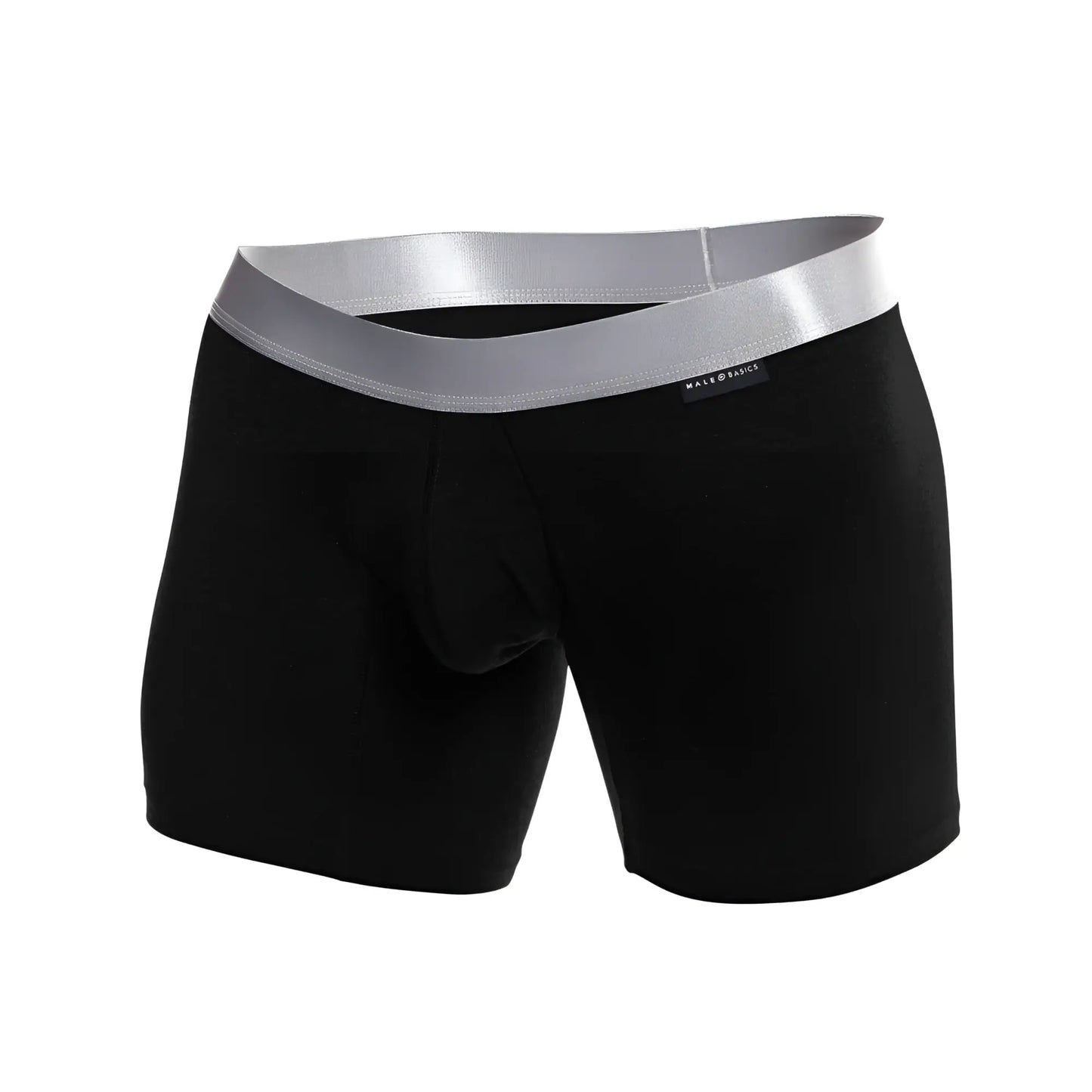 Black men’s boxer briefs with a shiny silver waistband made basic label in pima cotton from malebasics boxer brief pima