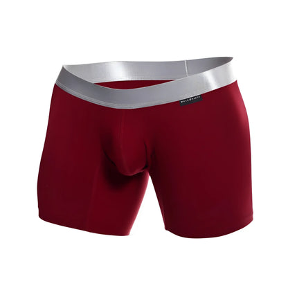 Red men’s boxer briefs with a silver waistband made of pima cotton by mace basics for comfortable daily wear