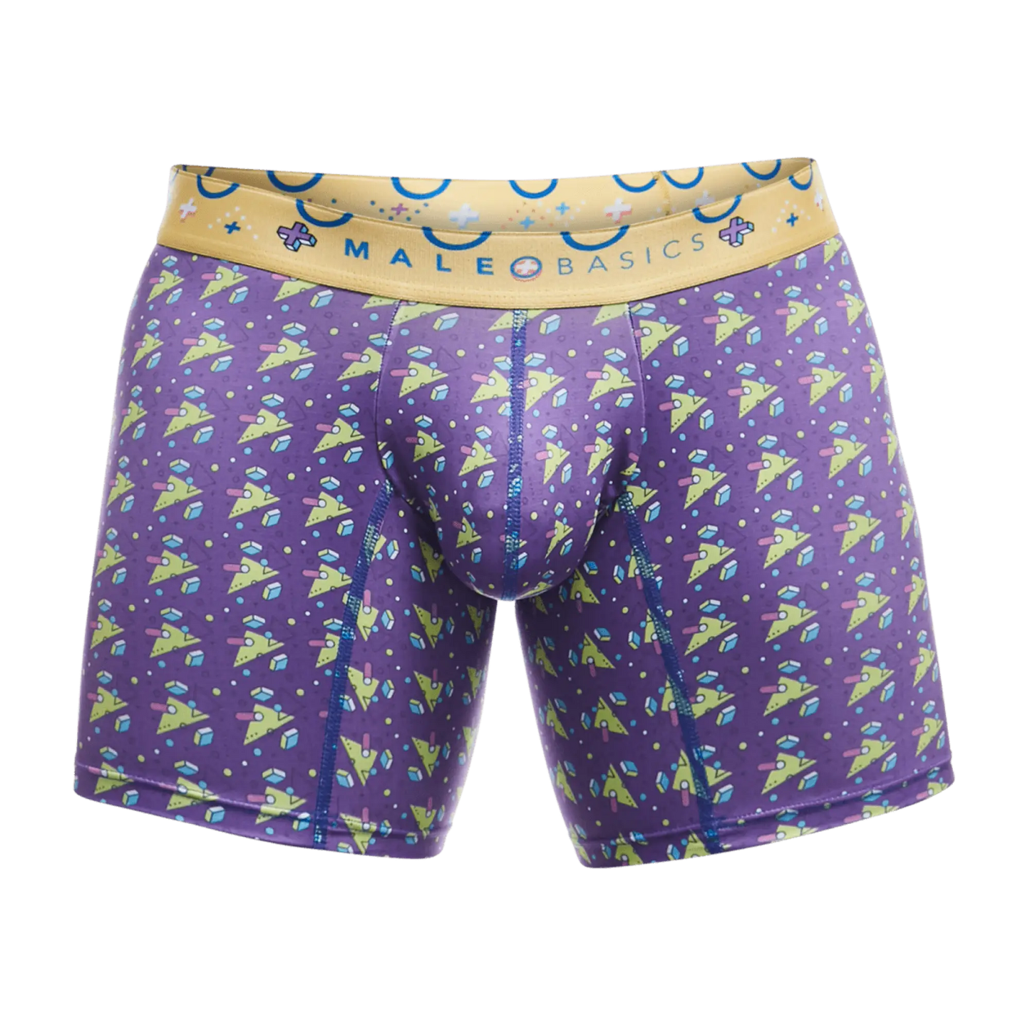 Purple malebasics boxer briefs with lime green and light blue geometric pattern and yellow branded waistband