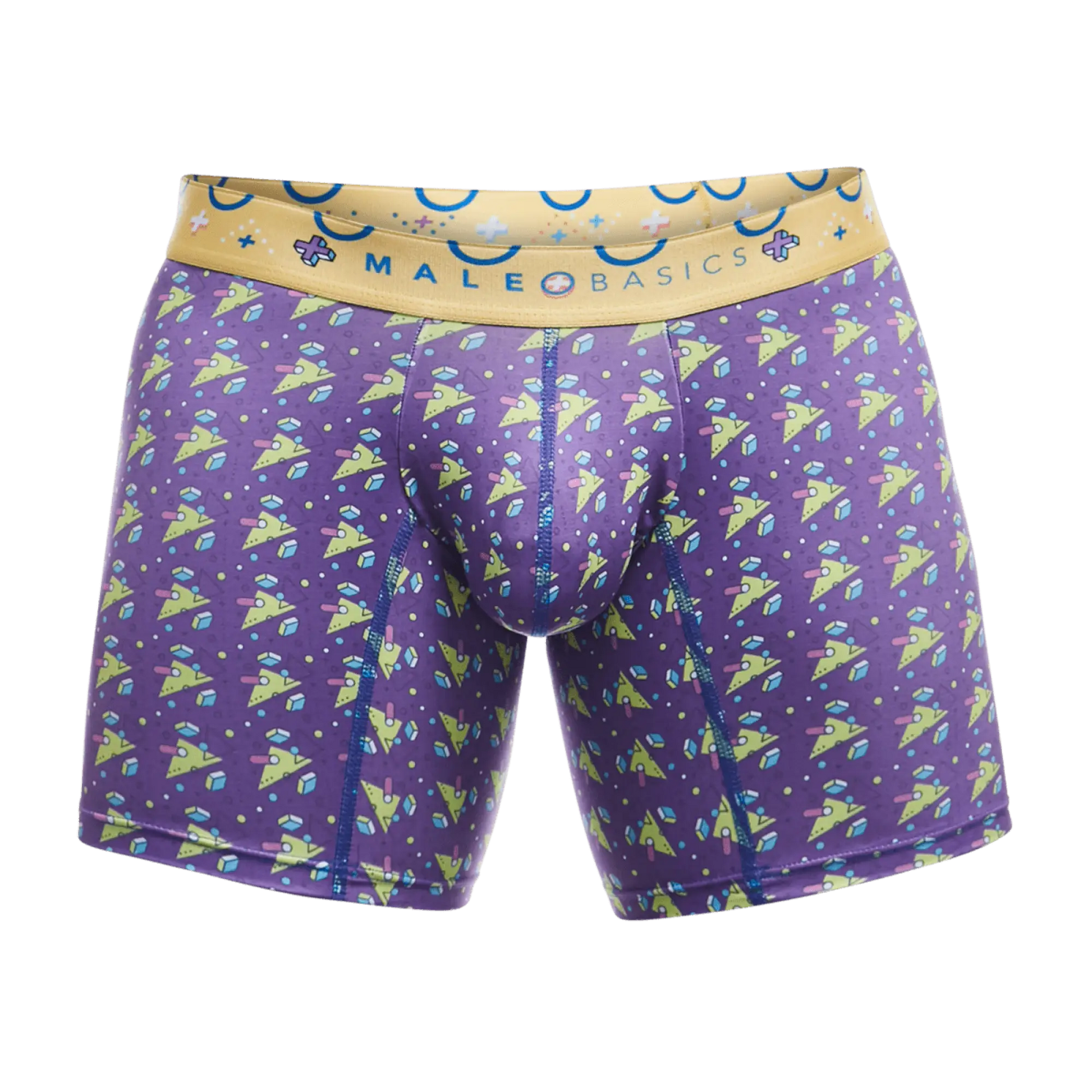 Purple malebasics boxer briefs with lime green and light blue geometric pattern and yellow branded waistband
