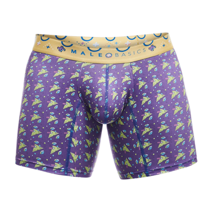 Purple malebasics boxer briefs with lime green and light blue geometric pattern and yellow branded waistband