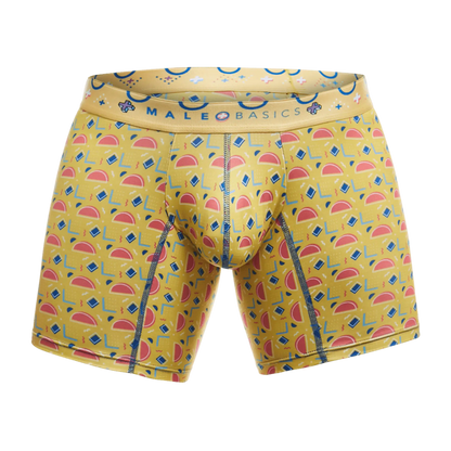 Yellow malebasics boxer briefs with a playful pink watermelon and blue diamond pattern on vibrant yellow fabric
