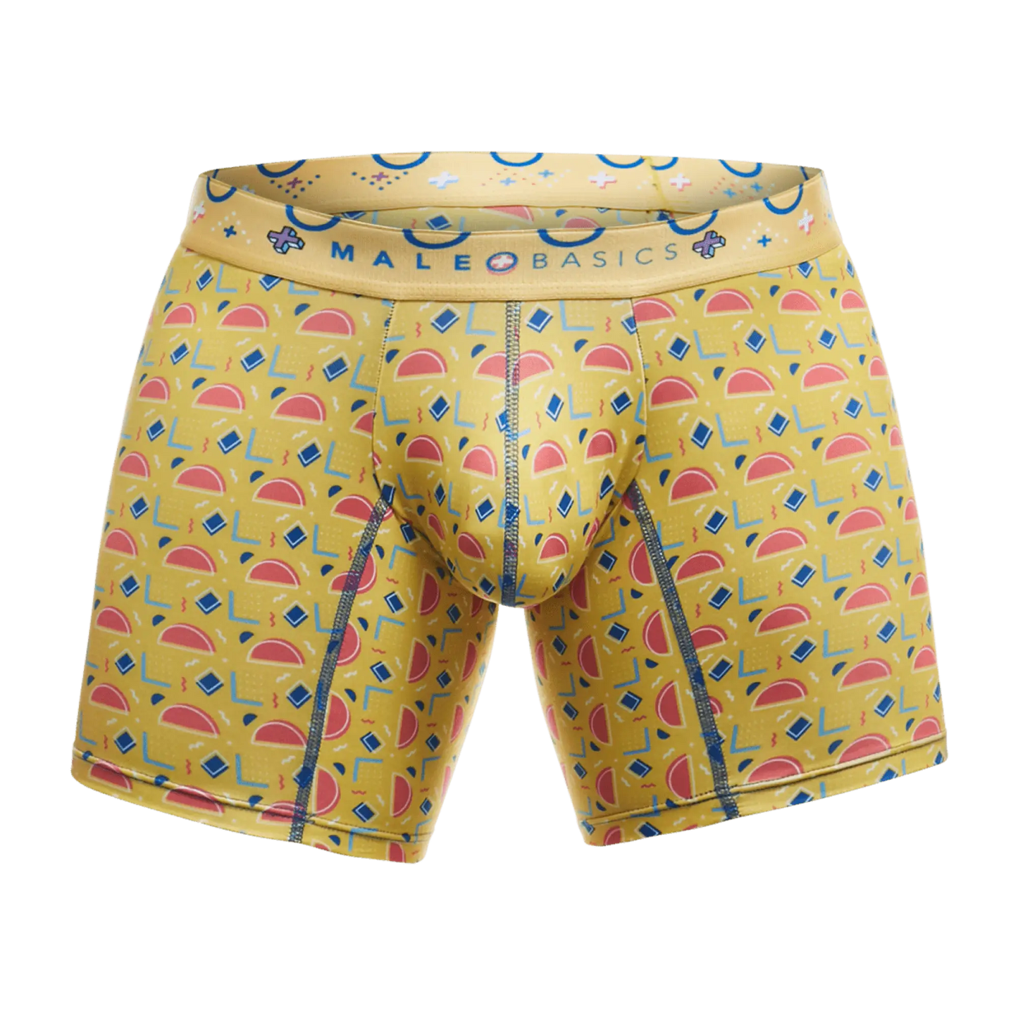Malebasics boxer brief in yellow fabric with playful pink watermelon slices blue diamonds and geometric patterns