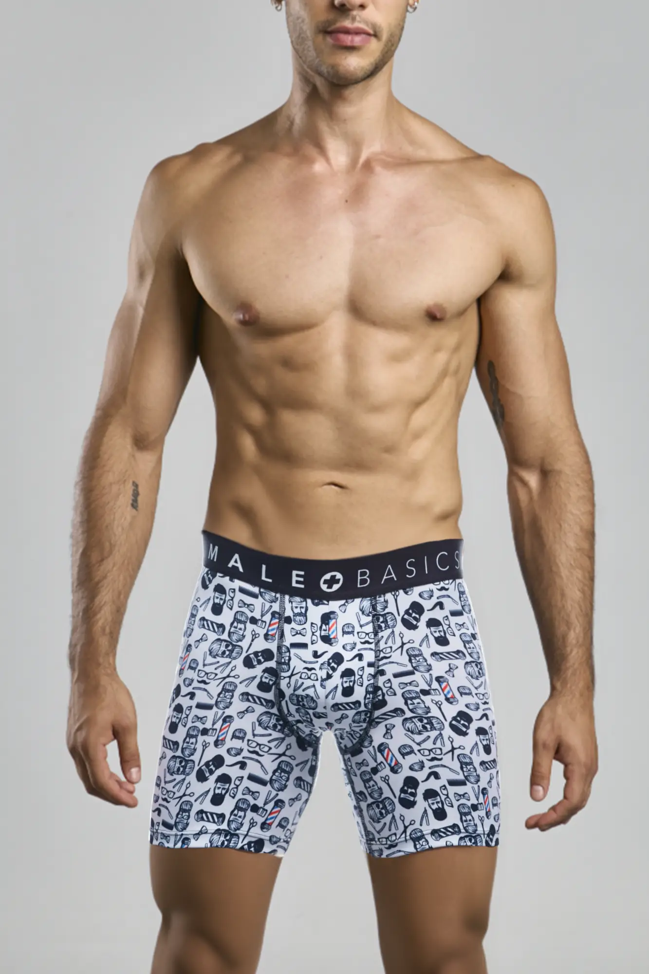 White boxer briefs with black and navy blue skull graphic print and male basics waistband in malebasics barber skulls design