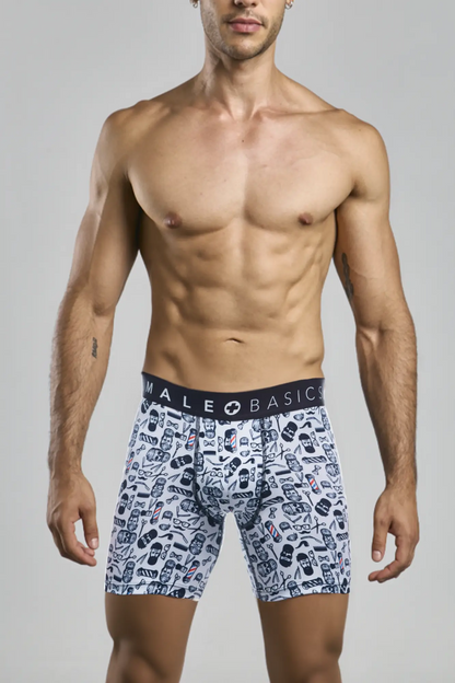 White boxer briefs with black and navy blue skull graphic print and male basics waistband in malebasics barber skulls design