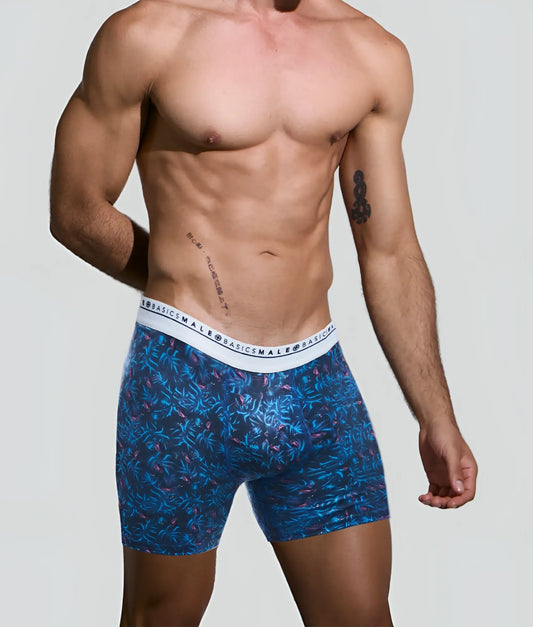 Blue and purple patterned malebasics boxer briefs with white waistband featuring basics male logo and flamingo design