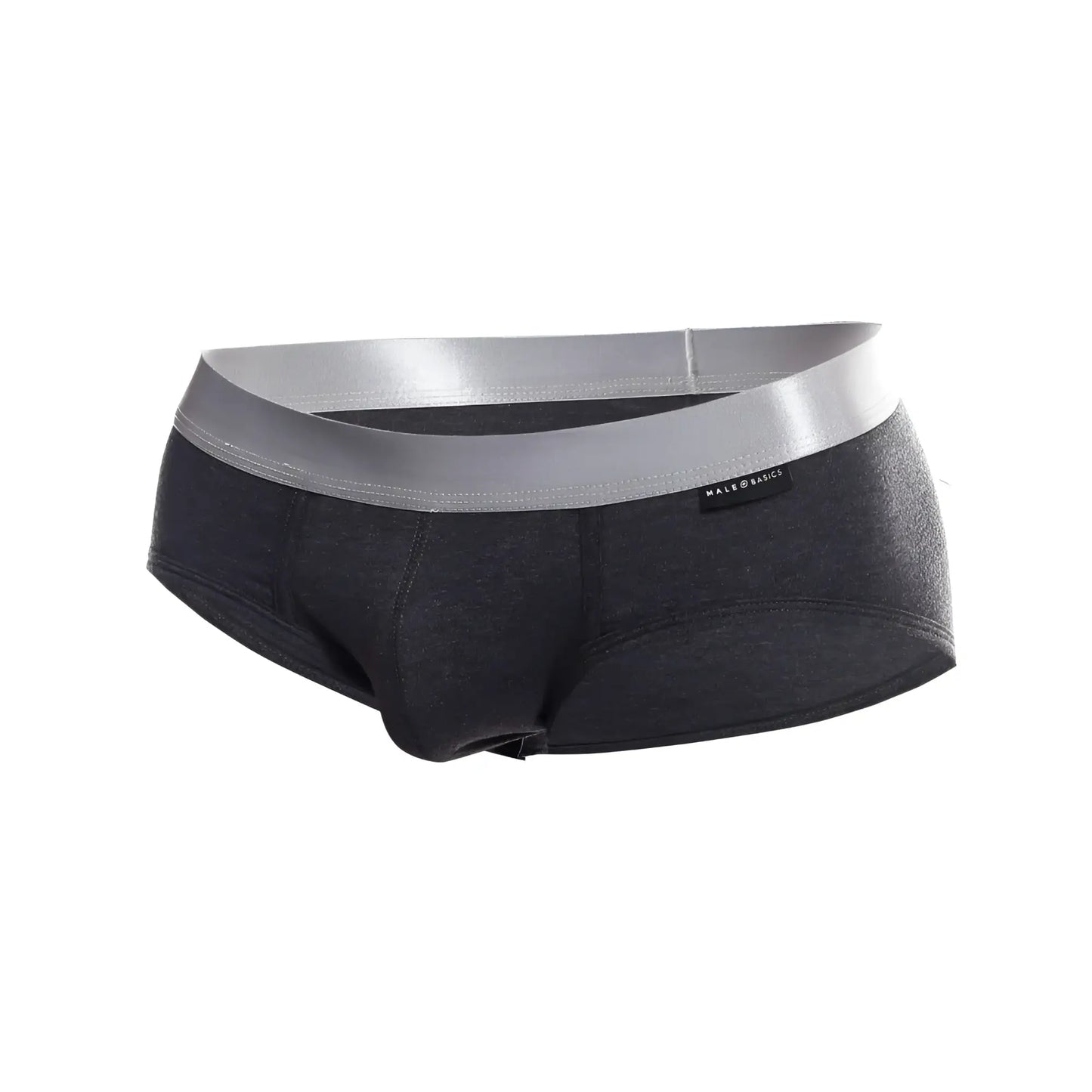 Black men’s briefs with a shiny silver waistband featuring male and black label made from soft pima cotton