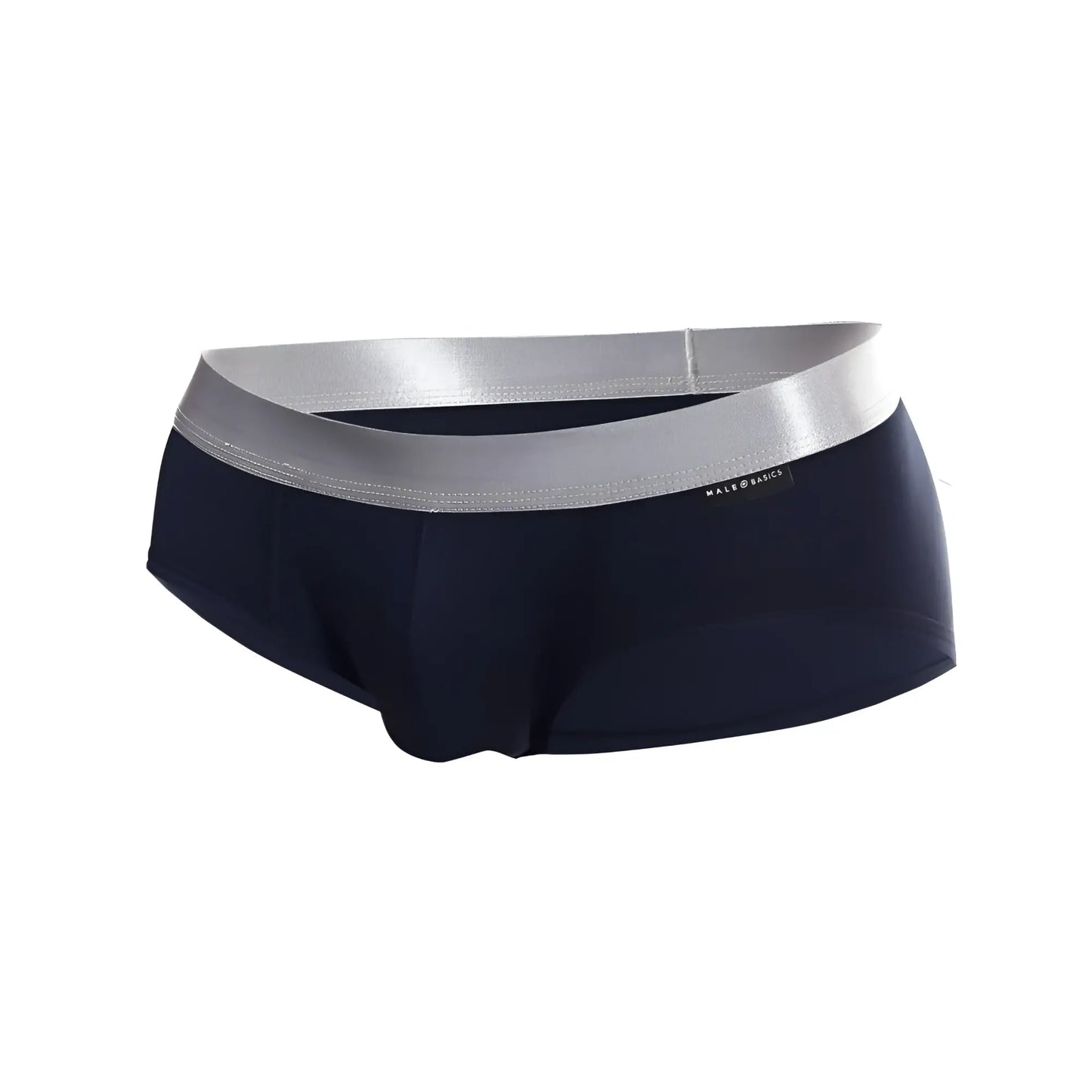 Navy blue malebasics brief pima with shiny silver waistband featuring male basics brand label