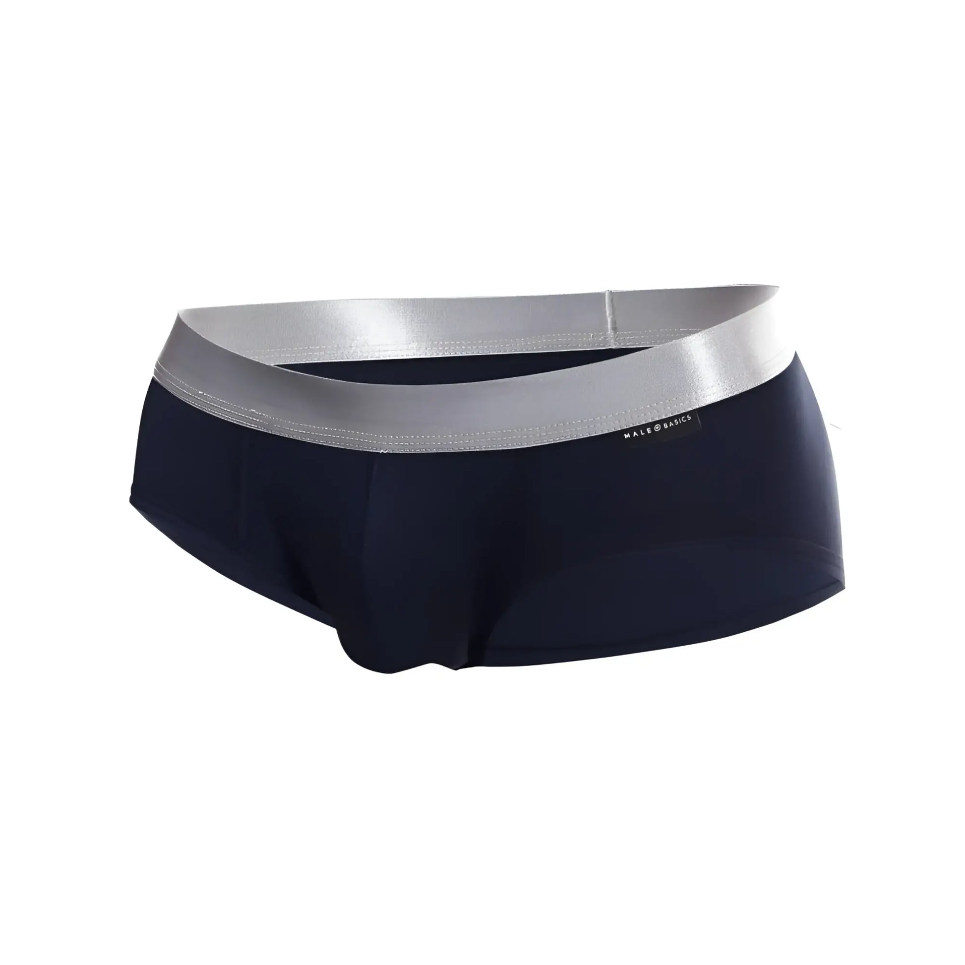 Navy blue malebasics brief pima with shiny silver waistband featuring male basics brand label and soft pima cotton material