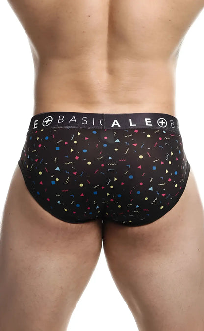 Malebasics brief sexy pouch black men’s briefs with vibrant multicolored geometric shapes and confetti pattern
