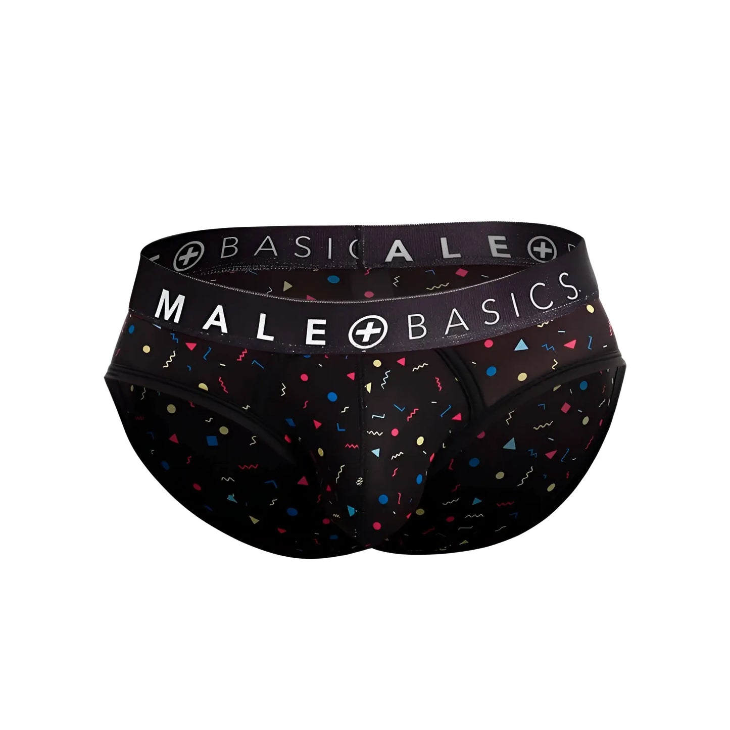 Malebasics brief sexy pouch in black with colorful geometric shapes and confetti pattern on soft fabric
