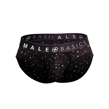 Malebasics brief sexy pouch in black with colorful geometric shapes and confetti pattern on soft fabric