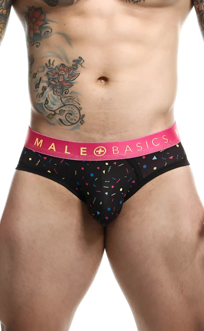 Malebasics brief sexy pouch in black with a vibrant pink waistband and colorful confetti patterns on the fabric