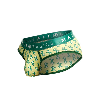 Malebasics brief sexy pouch men’s briefs with green and pale yellow cartoon bear pattern and basiale basics waistband