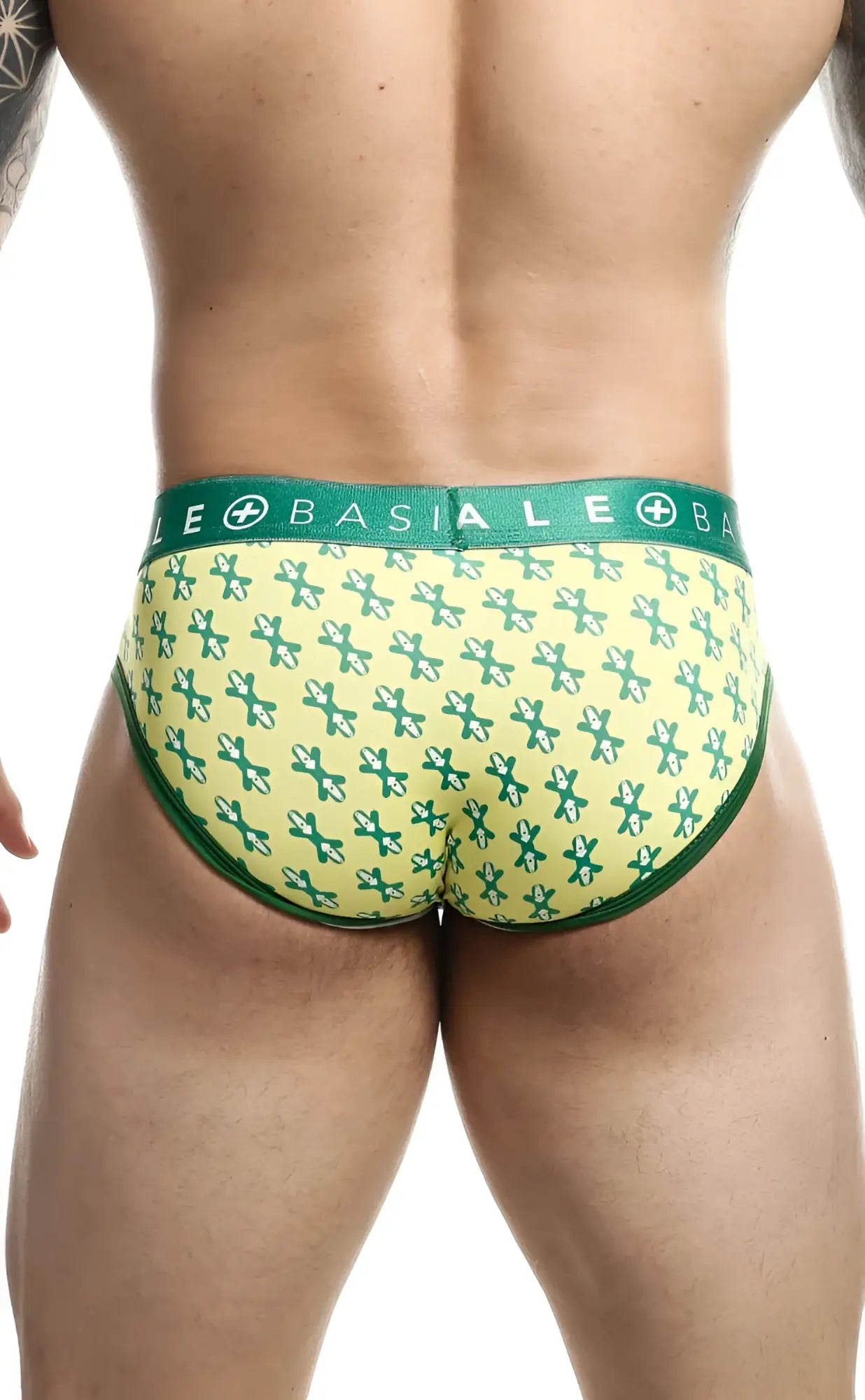 Malebasics brief sexy pouch in green and yellow patterned basiale fabric with repeating cross design