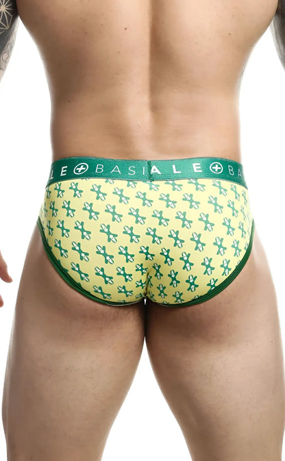 Malebasics brief sexy pouch in green and yellow patterned basiale fabric with repeating cross design