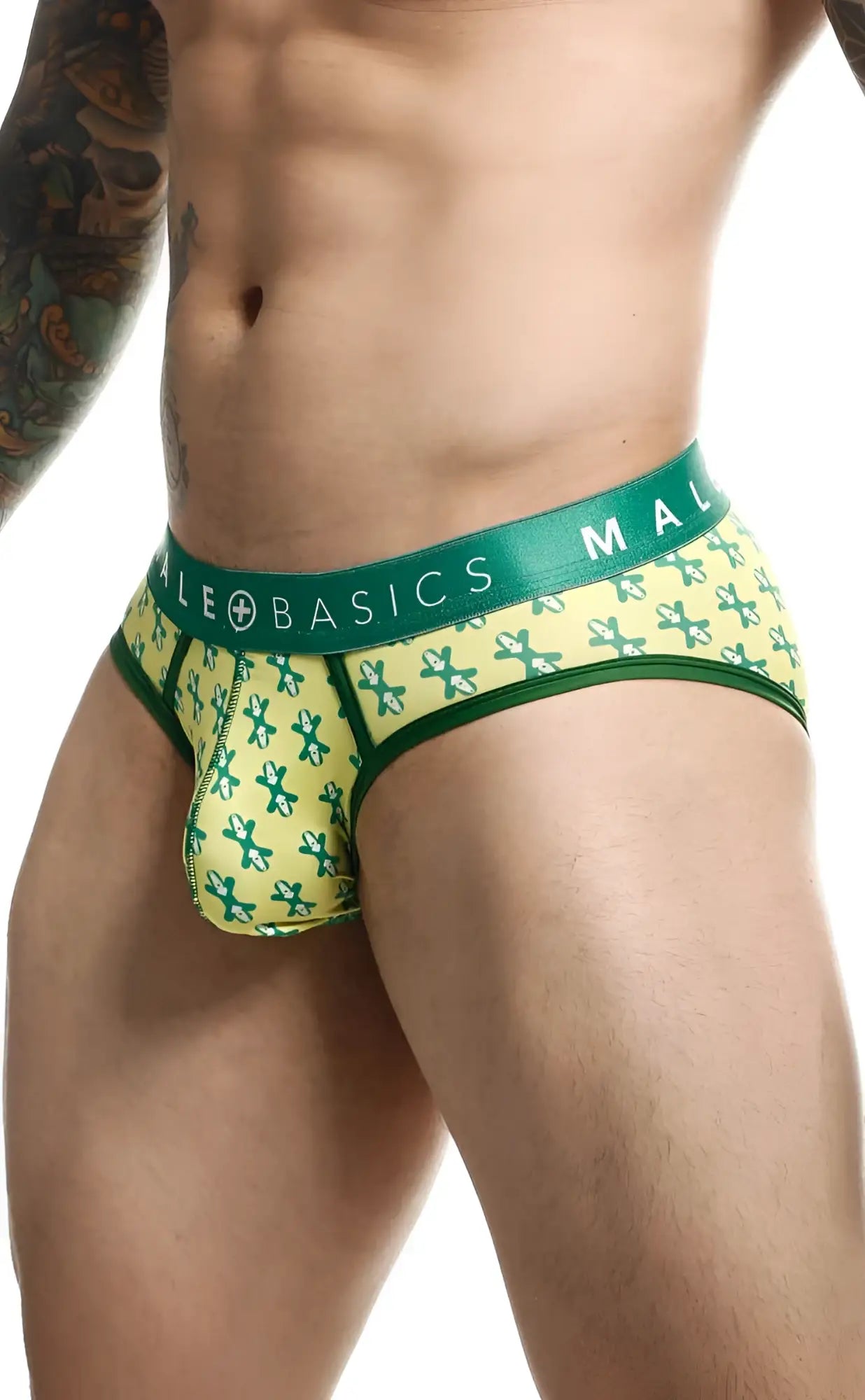 Green and yellow patterned Malebasics brief sexy pouch with bold green waistband and male basics branding