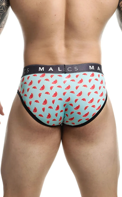 Light blue malebasics brief sexy pouch with red watermelon slice pattern black trim and malcs waistband branding