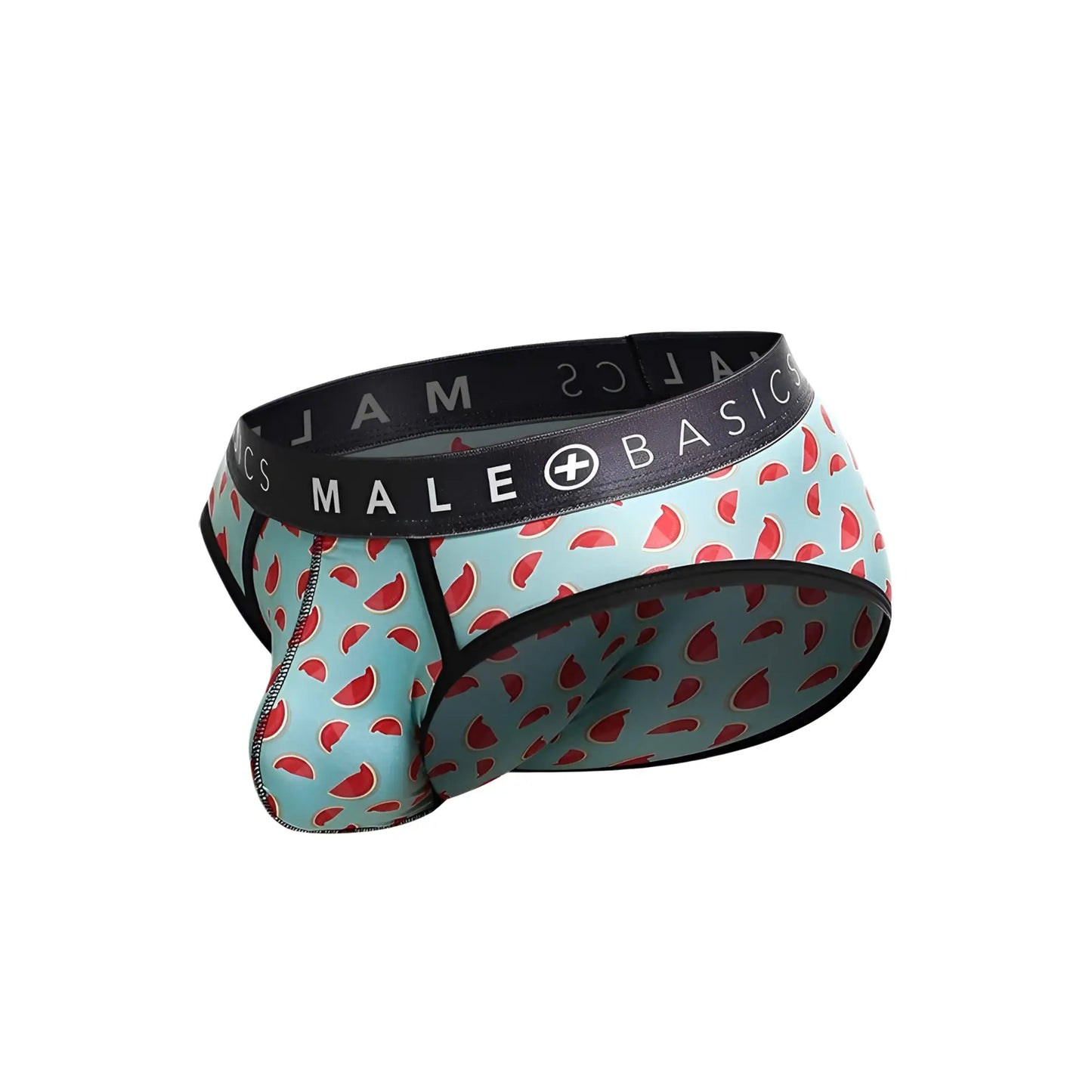 Light blue malebasics brief sexy pouch with red watermelon pattern and black branded elastic waistband