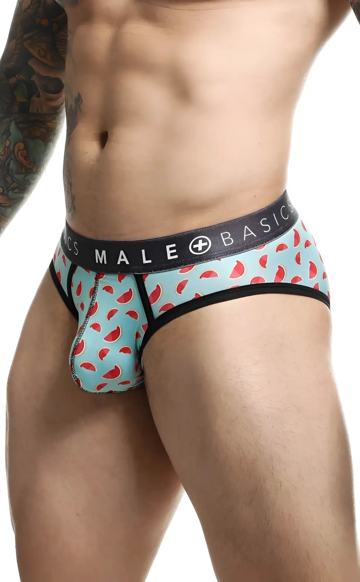 Light blue malebasics brief sexy pouch with watermelon pattern and black trim featuring male basic waistband